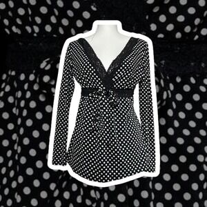 Y2K Babydoll INC Black White Polka Dot Lace Trim Tie Waist Long Sleeve Top M